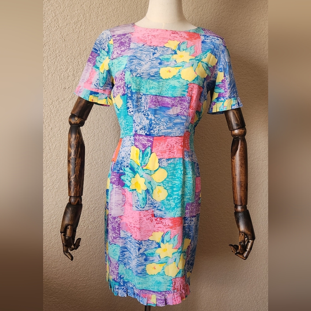 Vintage Liz Claiborne Silk Colorful Classic Dress Short Sleeve Petite Size 2